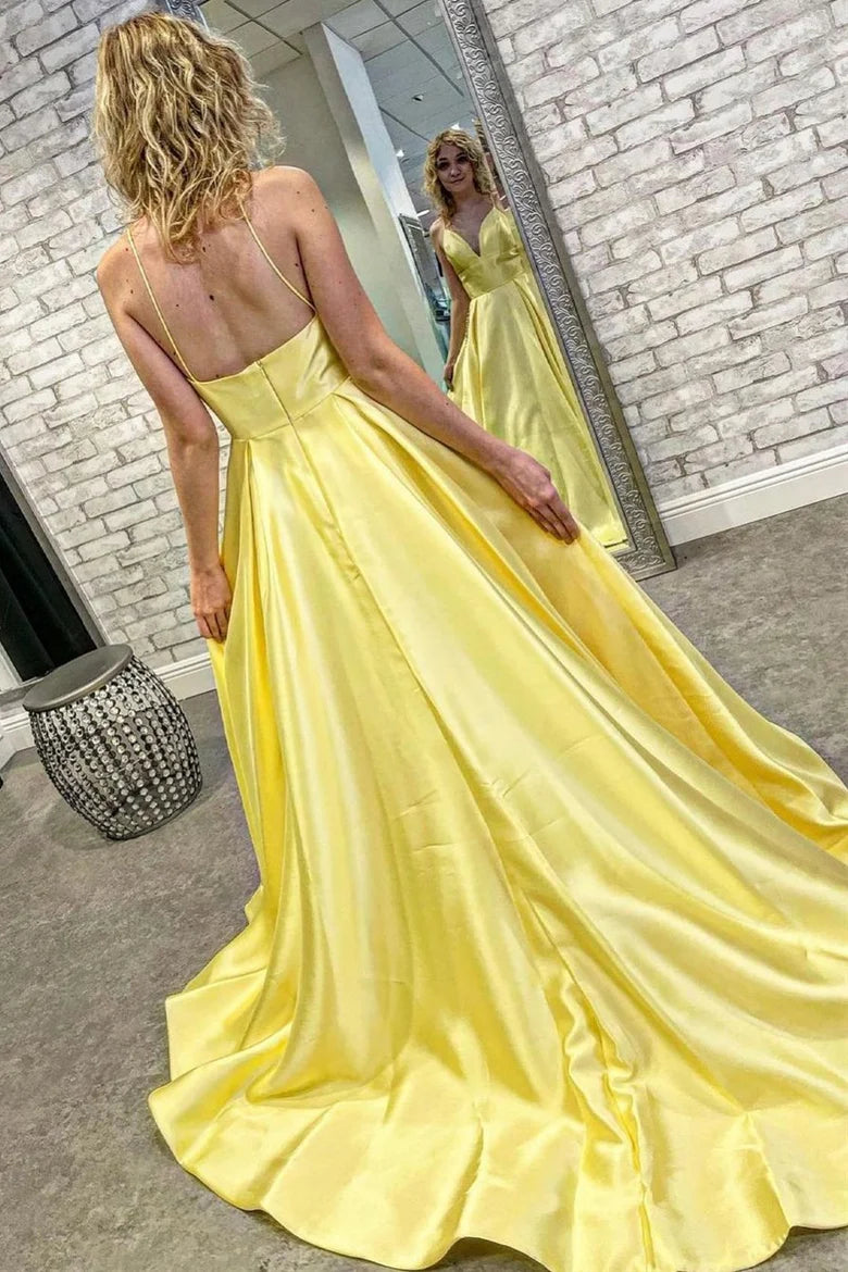 Vestido de fiesta con escote en A, espalda descubierta y bolsillos